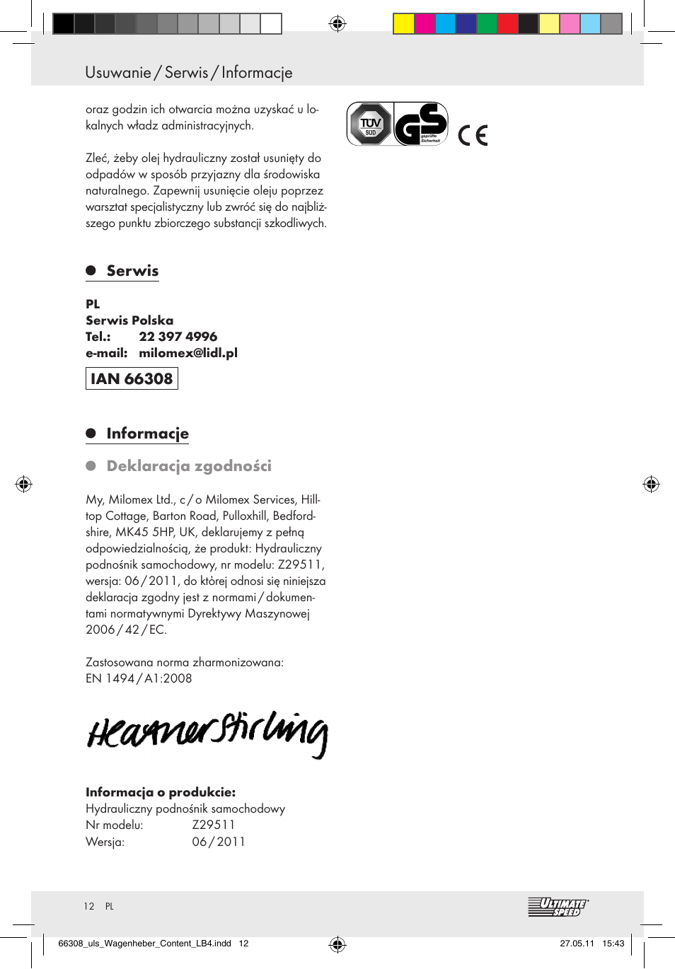 Usuwanie / serwis / informacje, Serwis, Informacje deklaracja zgodności | Ultimate Speed Z29511 User Manual | Page 10 / 35
