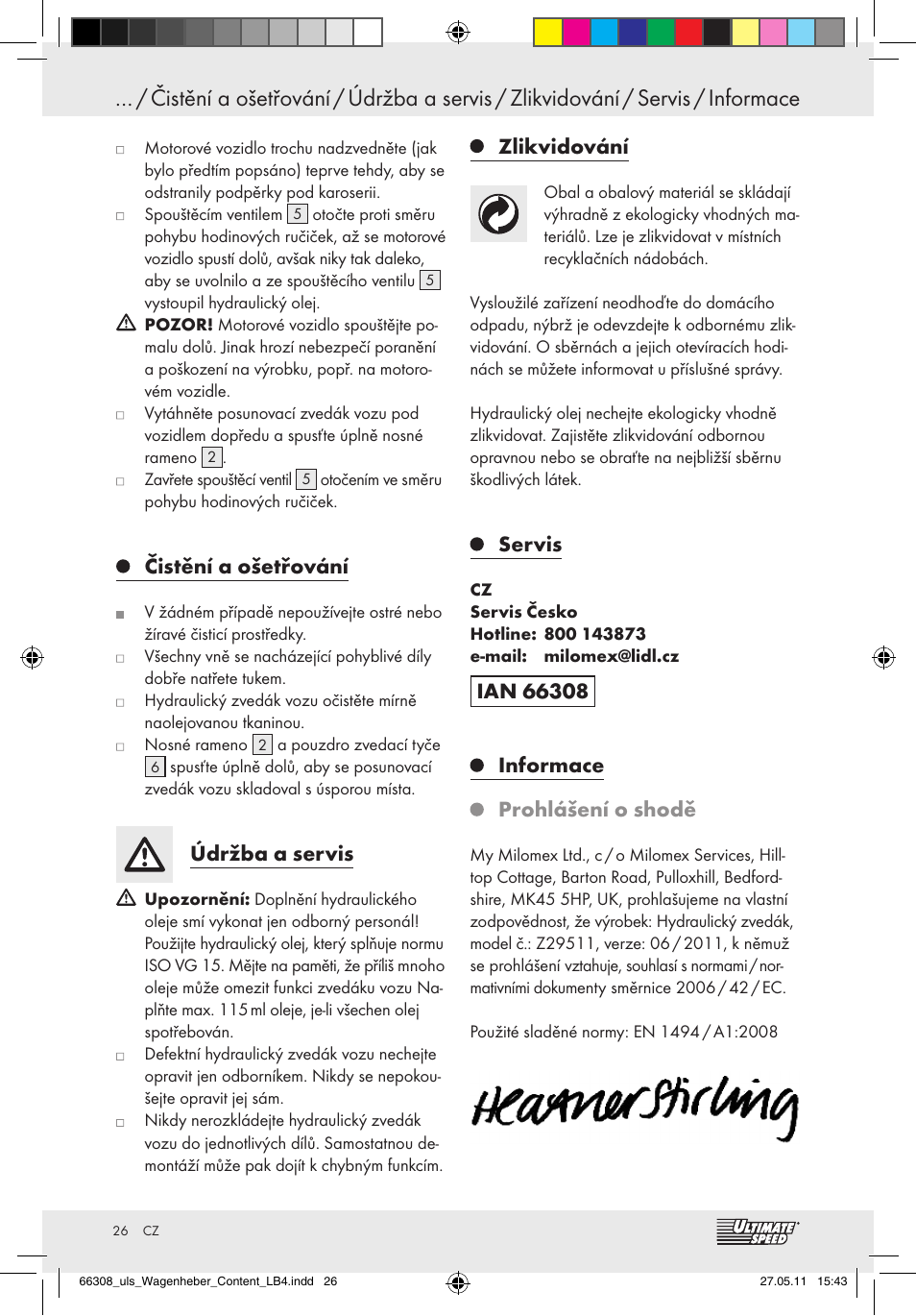 Čistění a ošetřování, Údržba a servis, Zlikvidování | Servis, Prohlášení o shodě | Ultimate Speed Z29511 User Manual | Page 24 / 35