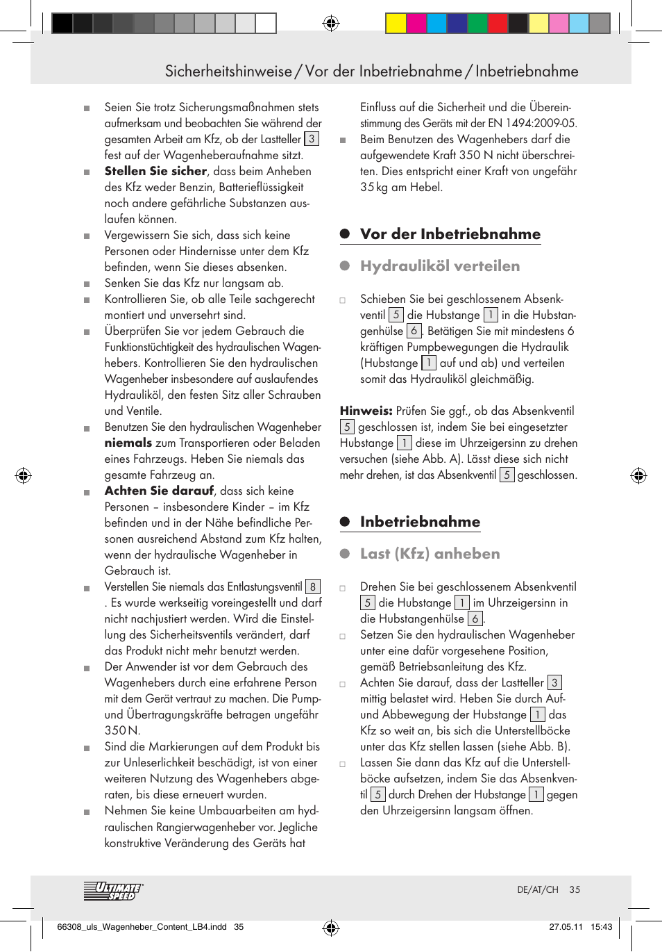 Vor der inbetriebnahme hydrauliköl verteilen, Inbetriebnahme last (kfz) anheben | Ultimate Speed Z29511 User Manual | Page 33 / 35