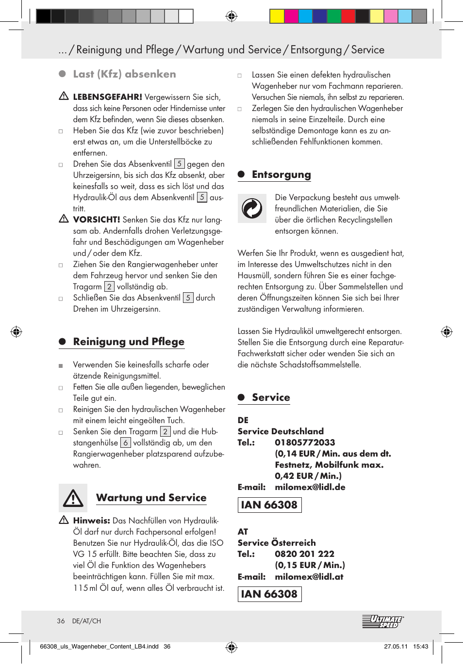 Last (kfz) absenken, Reinigung und pflege, Wartung und service | Entsorgung, Service | Ultimate Speed Z29511 User Manual | Page 34 / 35