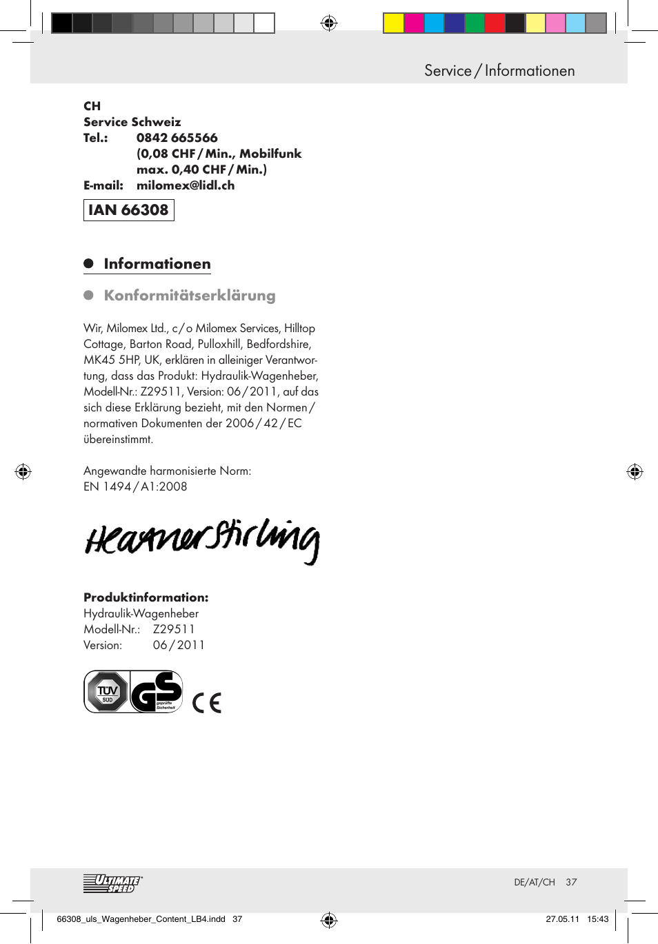 Service / informationen, Informationen, Konformitätserklärung | Ultimate Speed Z29511 User Manual | Page 35 / 35