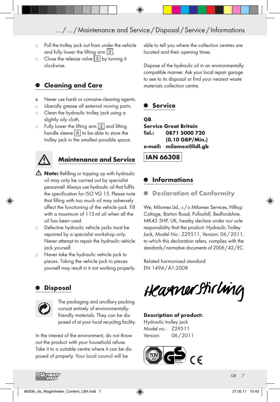 Cleaning and care, Maintenance and service, Disposal | Service | Ultimate Speed Z29511 User Manual | Page 5 / 35