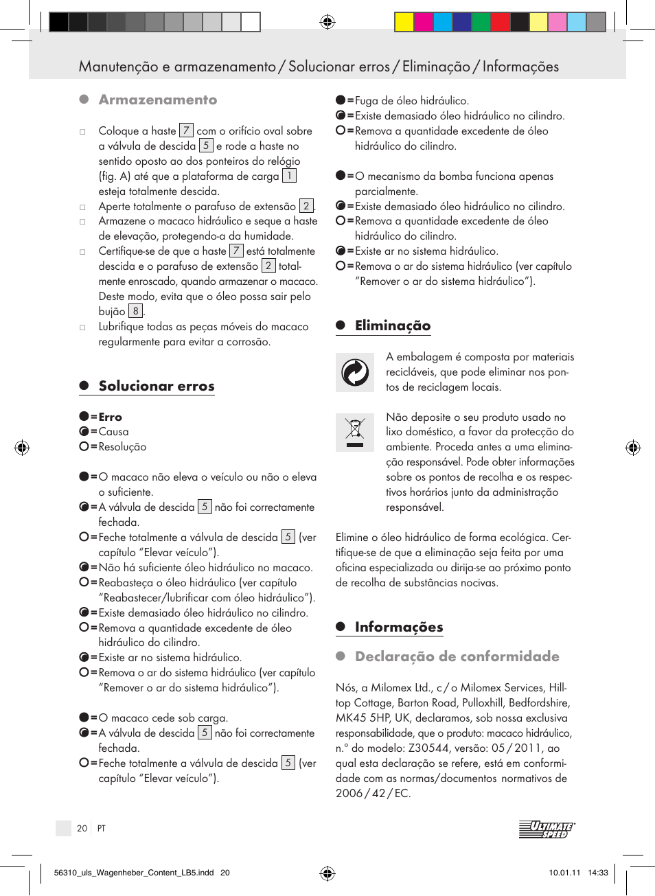 Armazenamento, Solucionar erros, Eliminação | Informações, Declaração de conformidade | Ultimate Speed Z30544 User Manual | Page 18 / 30