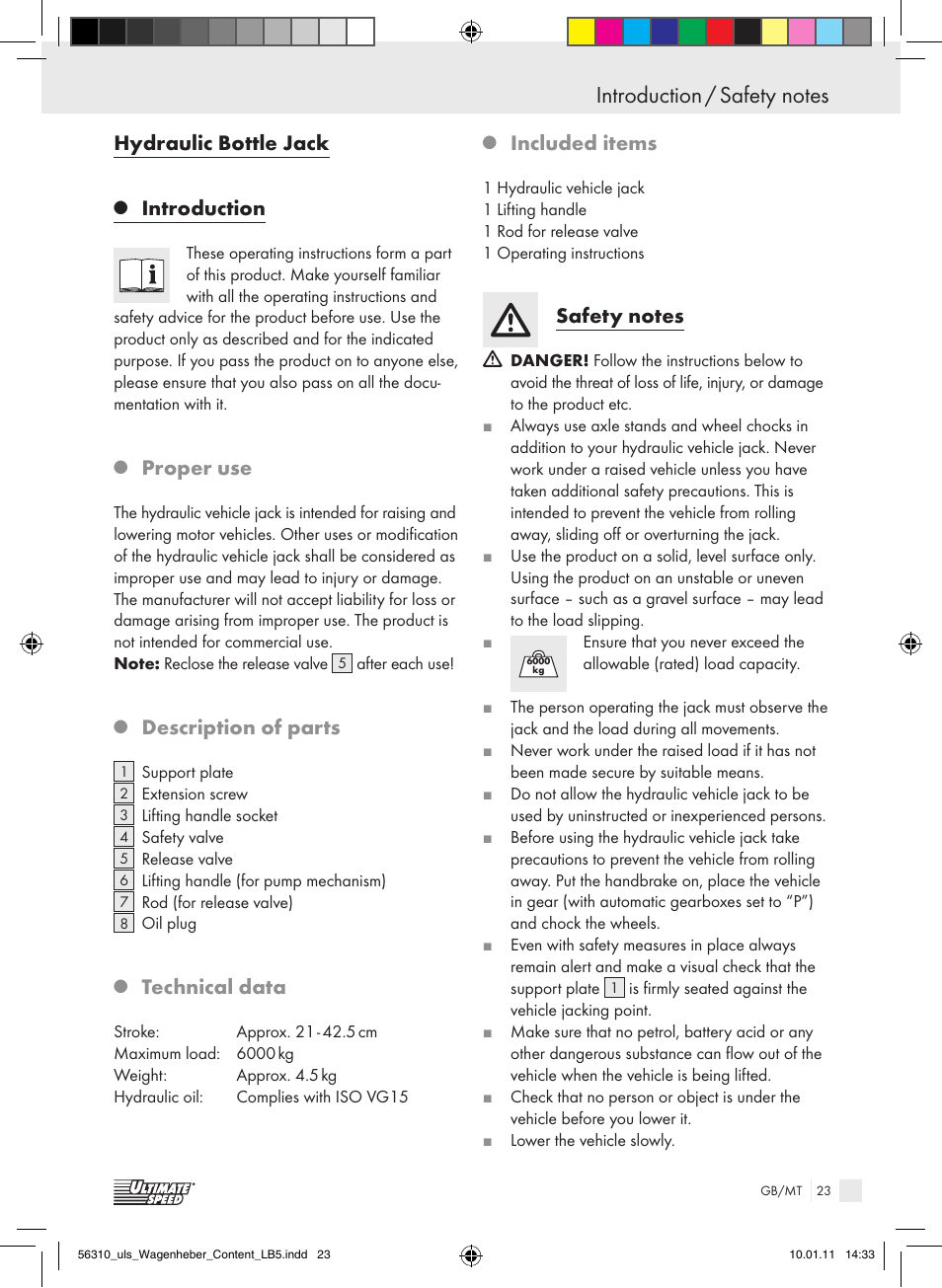 Hydraulic bottle jack, Introduction, Proper use | Description of parts, Technical data, Included items | Ultimate Speed Z30544 User Manual | Page 21 / 30
