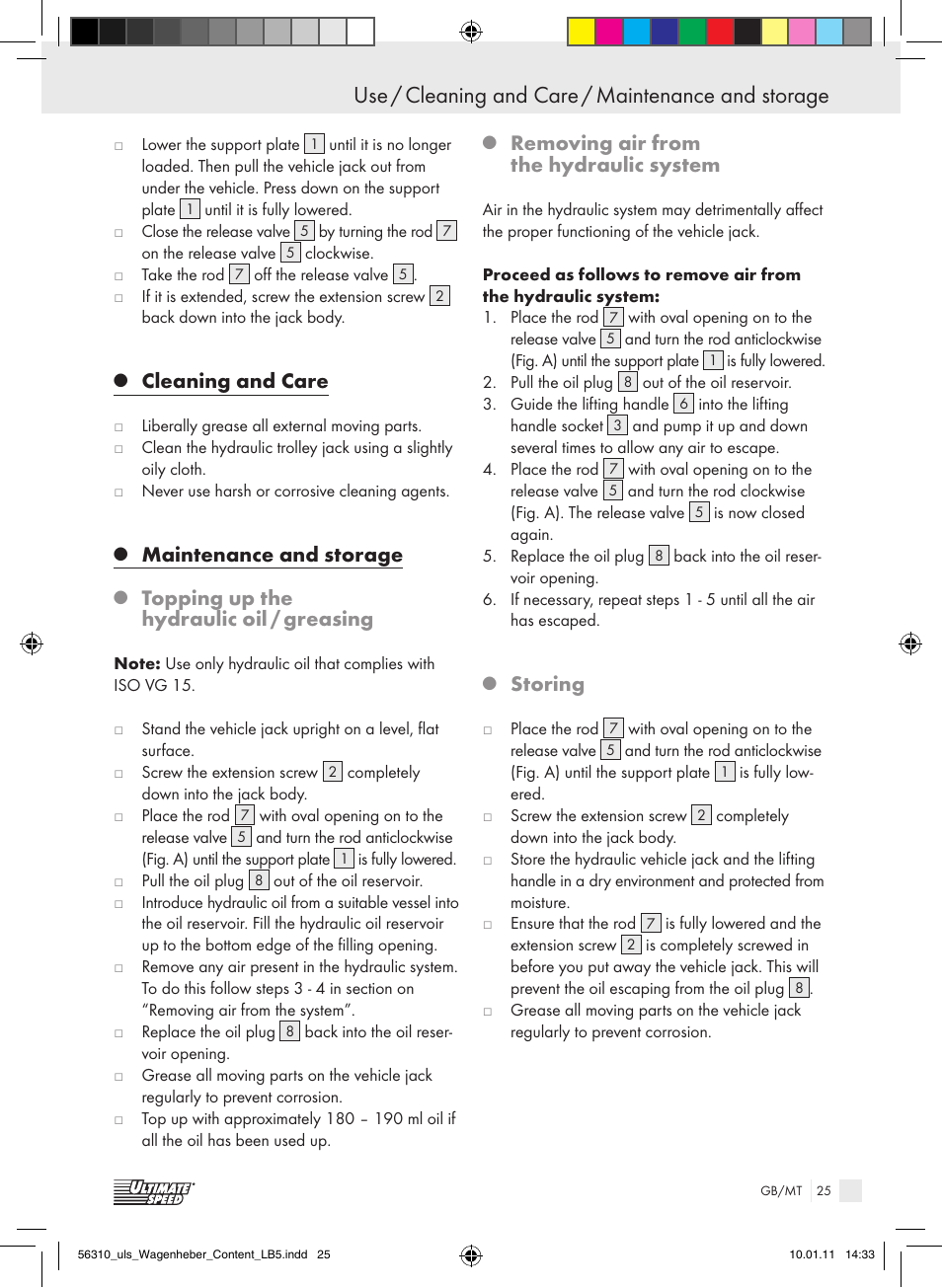 Use / cleaning and care / maintenance and storage, Cleaning and care, Maintenance and storage | Topping up the hydraulic oil / greasing, Removing air from the hydraulic system, Storing | Ultimate Speed Z30544 User Manual | Page 23 / 30