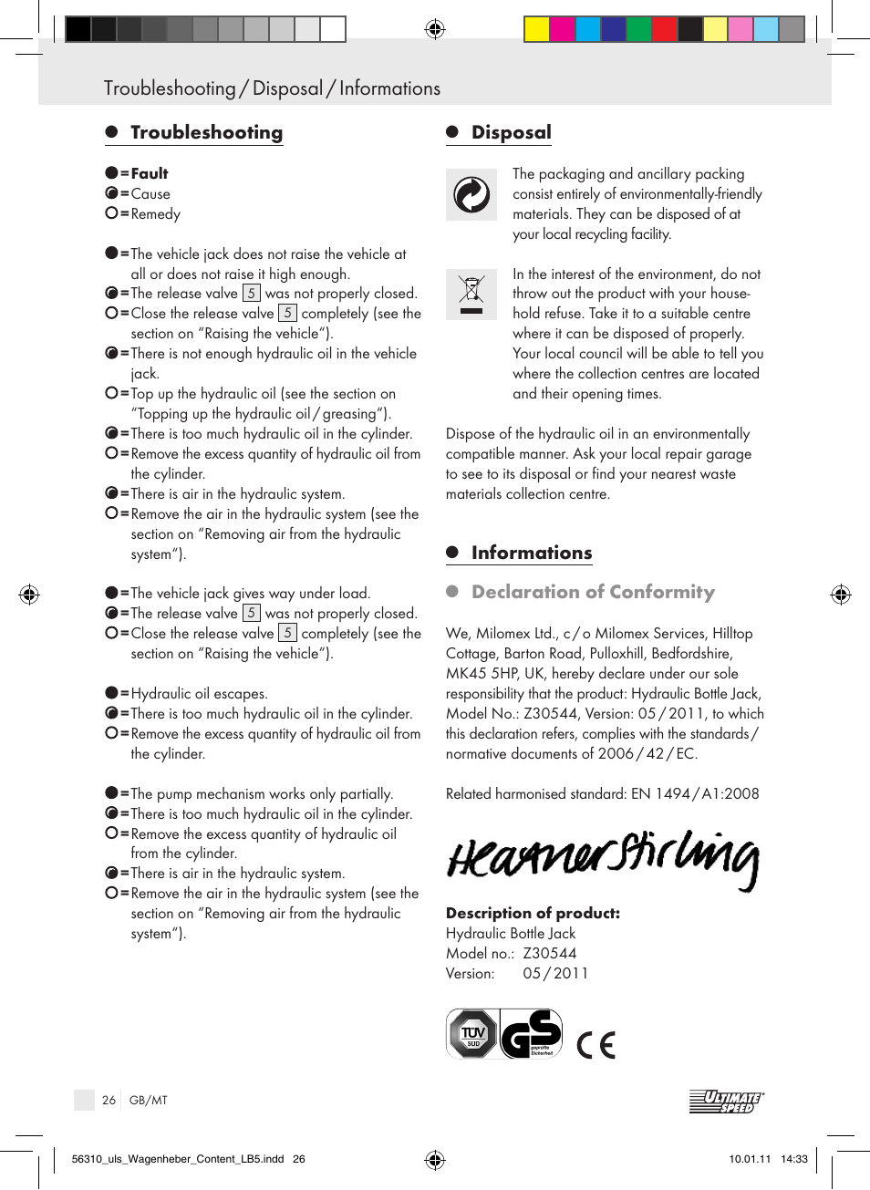 Troubleshooting, Disposal, Informations | Declaration of conformity | Ultimate Speed Z30544 User Manual | Page 24 / 30