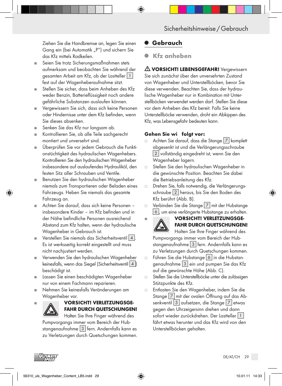 Sicherheitshinweise / gebrauch, Gebrauch, Kfz anheben | Ultimate Speed Z30544 User Manual | Page 27 / 30