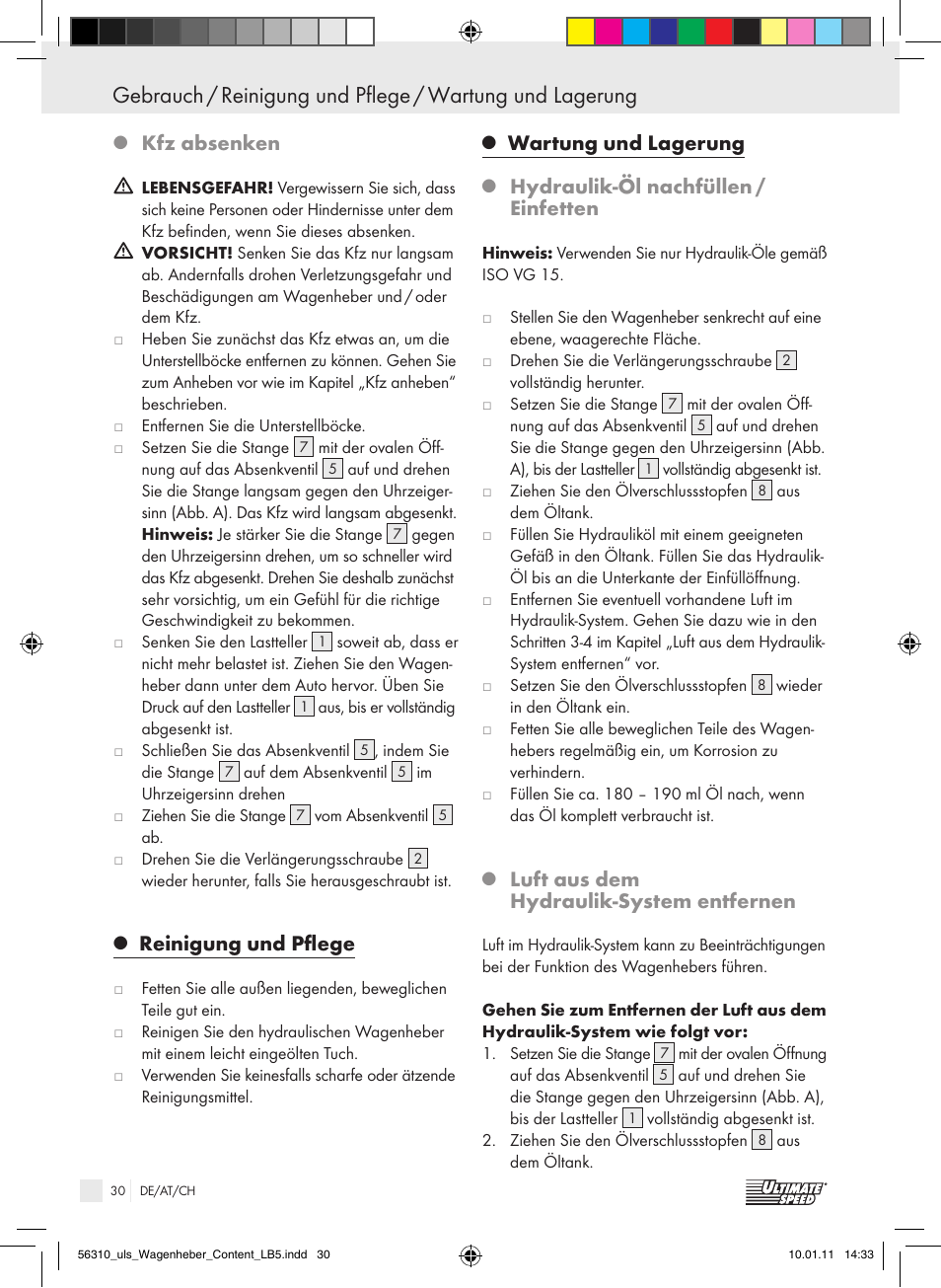 Kfz absenken, Reinigung und pflege, Wartung und lagerung | Hydraulik-öl nachfüllen / einfetten, Luft aus dem hydraulik-system entfernen | Ultimate Speed Z30544 User Manual | Page 28 / 30