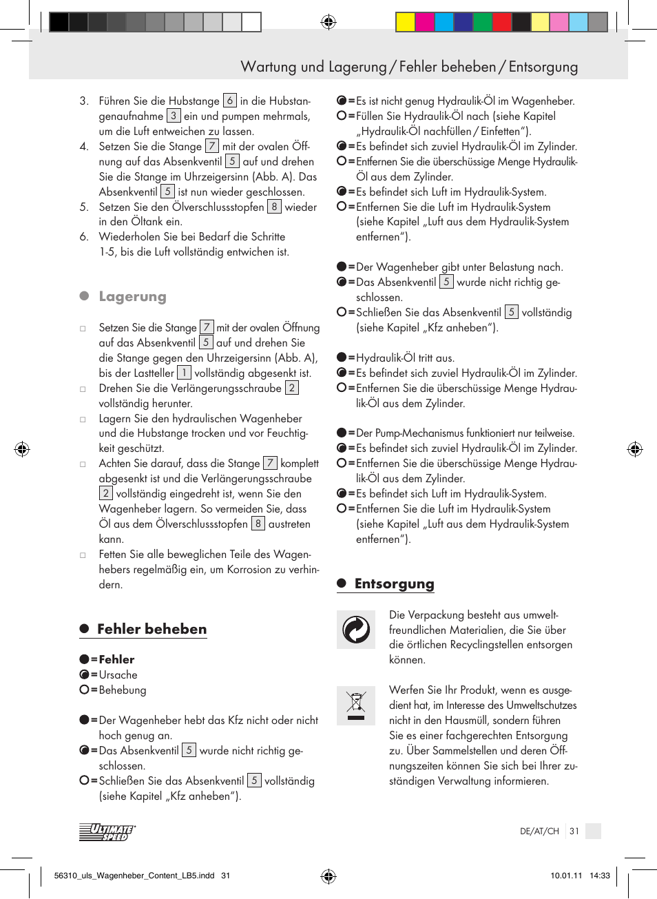 Wartung und lagerung / fehler beheben / entsorgung, Lagerung, Fehler beheben | Entsorgung | Ultimate Speed Z30544 User Manual | Page 29 / 30