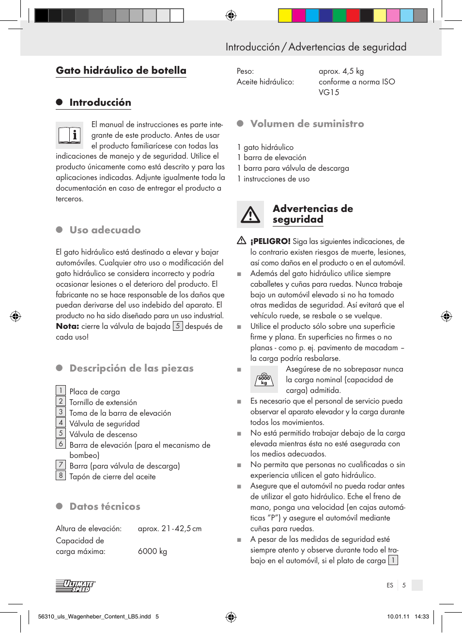 Introducción / advertencias de seguridad, Gato hidráulico de botella, Introducción | Uso adecuado, Descripción de las piezas, Datos técnicos, Volumen de suministro, Advertencias de seguridad | Ultimate Speed Z30544 User Manual | Page 3 / 30