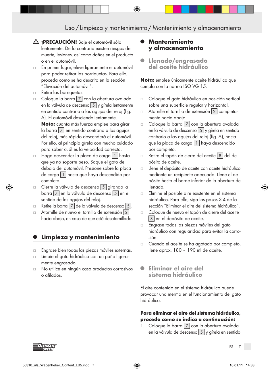 Limpieza y mantenimiento, Mantenimiento y almacenamiento, Llenado/engrasado del aceite hidráulico | Eliminar el aire del sistema hidráulico | Ultimate Speed Z30544 User Manual | Page 5 / 30