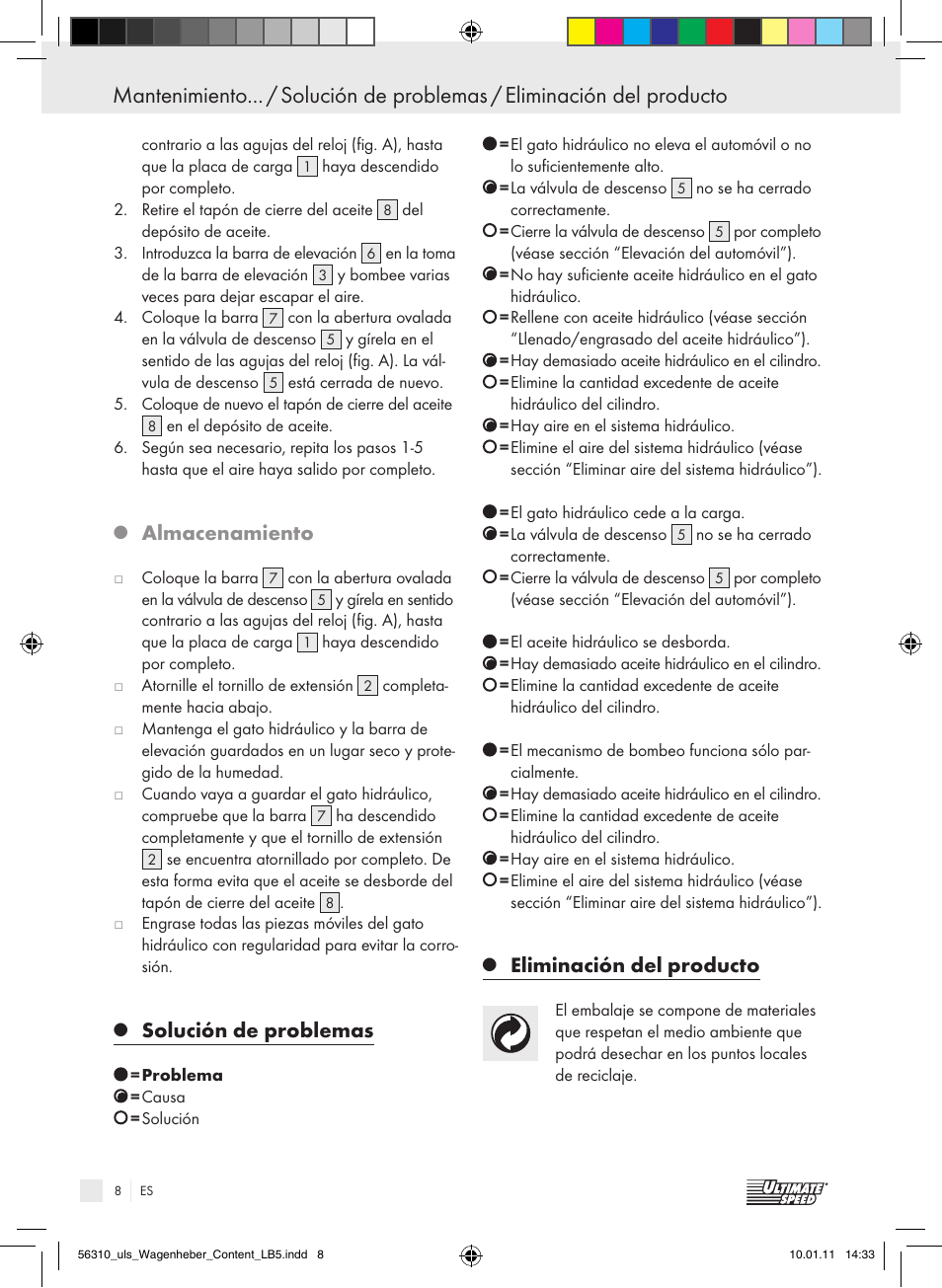 Almacenamiento, Solución de problemas, Eliminación del producto | Ultimate Speed Z30544 User Manual | Page 6 / 30