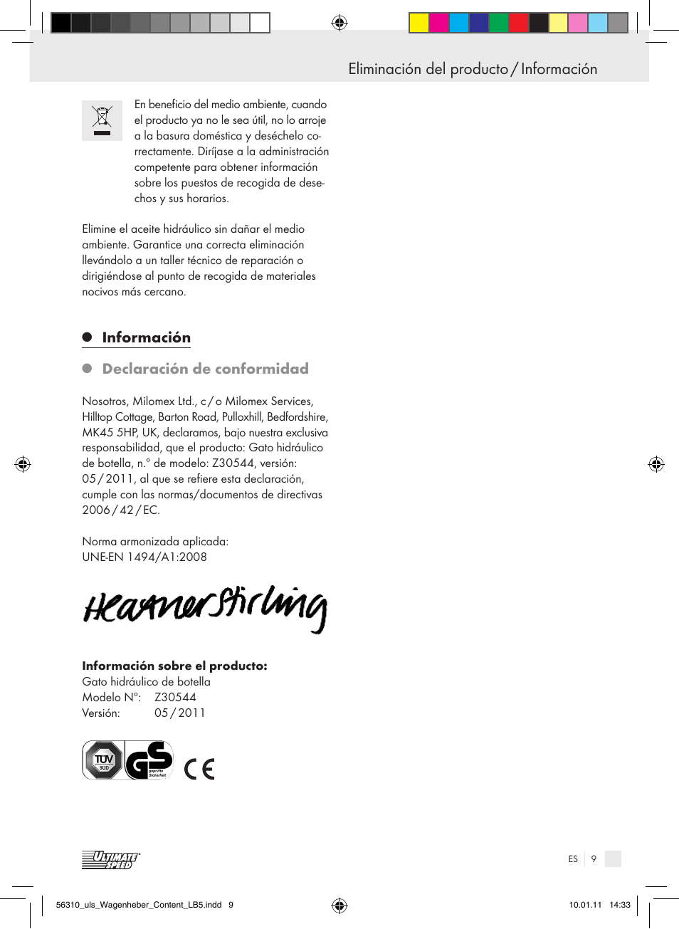 Eliminación del producto / información, Información, Declaración de conformidad | Ultimate Speed Z30544 User Manual | Page 7 / 30