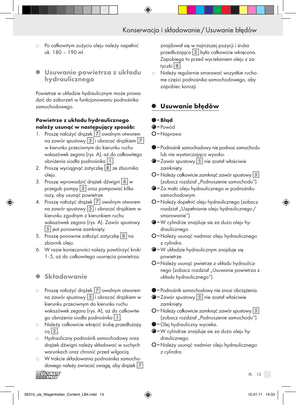 Konserwacja i składowanie / usuwanie błędόw, Usuwanie powietrza z układu hydraulicznego, Składowanie | Usuwanie błędόw | Ultimate Speed Z30544 User Manual | Page 11 / 41