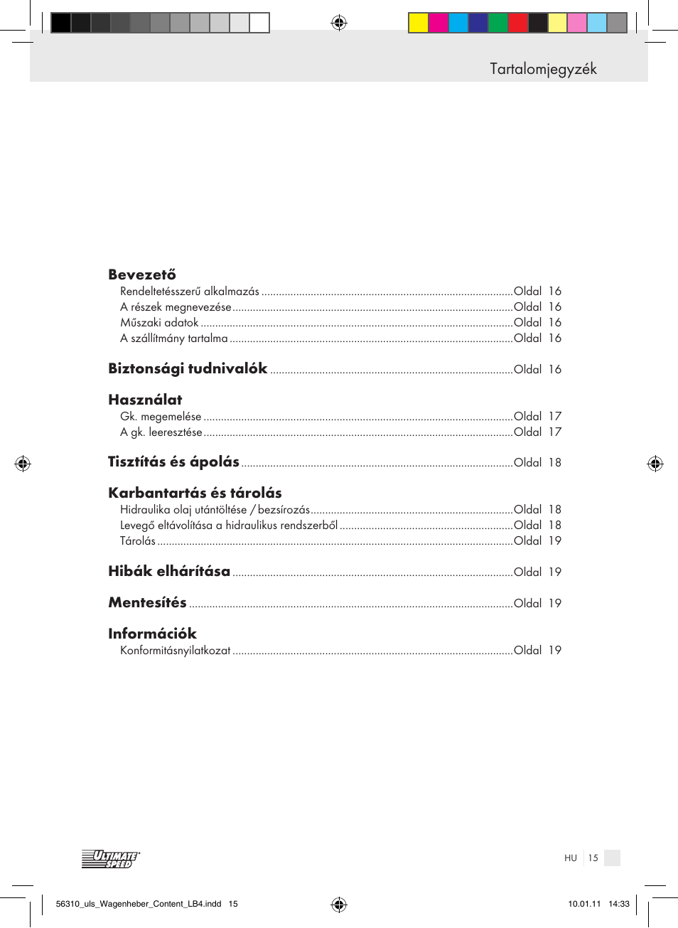 Tartalomjegyzék | Ultimate Speed Z30544 User Manual | Page 13 / 41