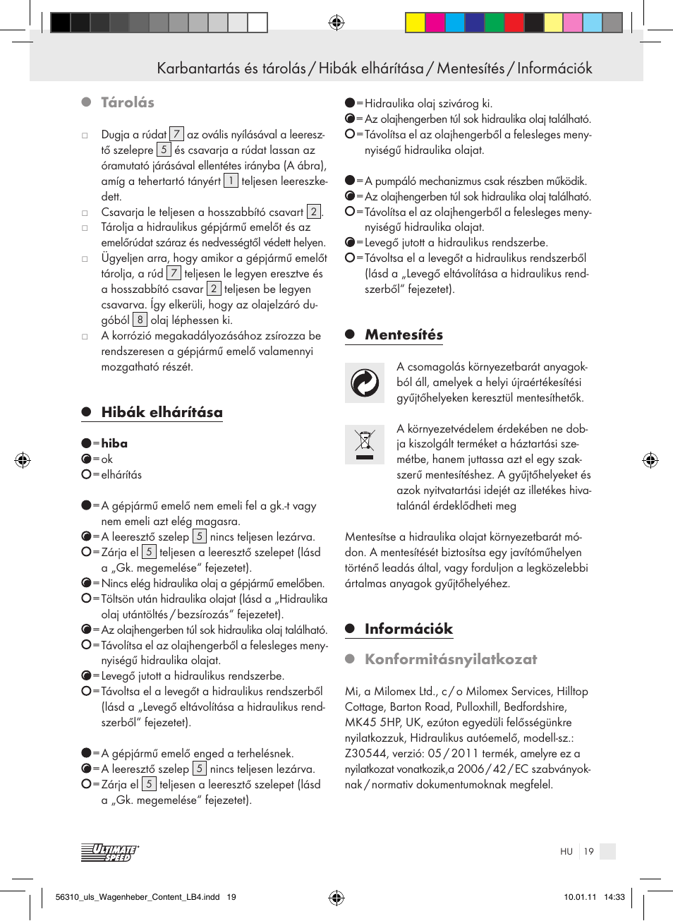 Tárolás, Hibák elhárítása, Mentesítés | Információk, Konformitásnyilatkozat | Ultimate Speed Z30544 User Manual | Page 17 / 41