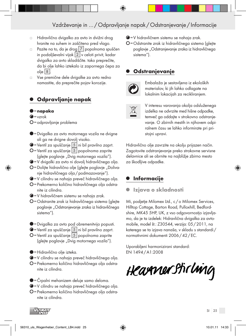 Odpravljanje napak, Odstranjevanje, Informacije | Izjava o skladnosti | Ultimate Speed Z30544 User Manual | Page 23 / 41