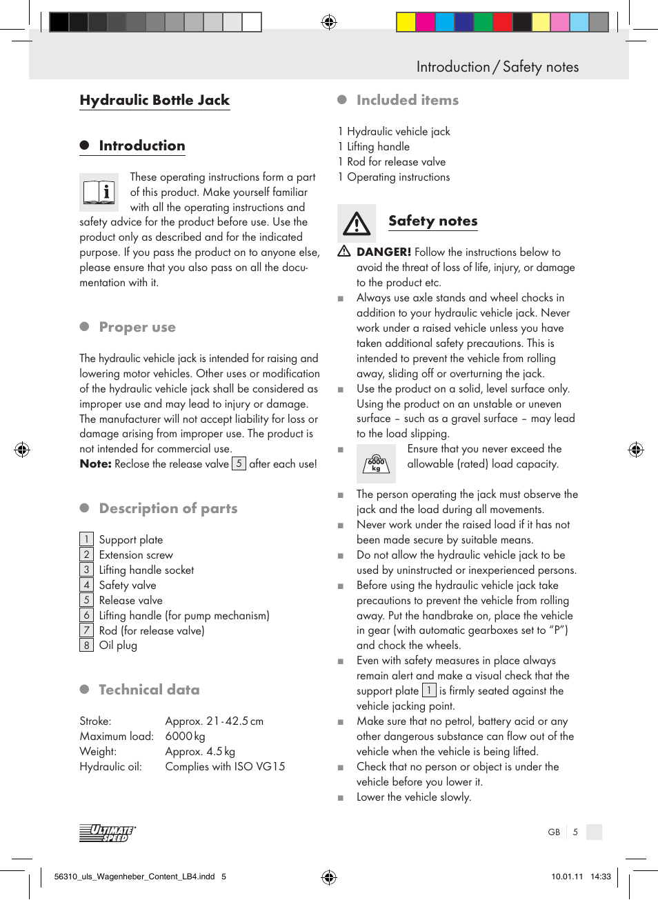 Hydraulic bottle jack, Introduction, Proper use | Description of parts, Technical data, Included items | Ultimate Speed Z30544 User Manual | Page 3 / 41