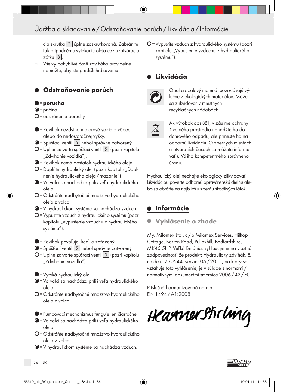 Odstraňovanie porúch, Likvidácia, Informácie | Vyhlásenie o zhode | Ultimate Speed Z30544 User Manual | Page 34 / 41