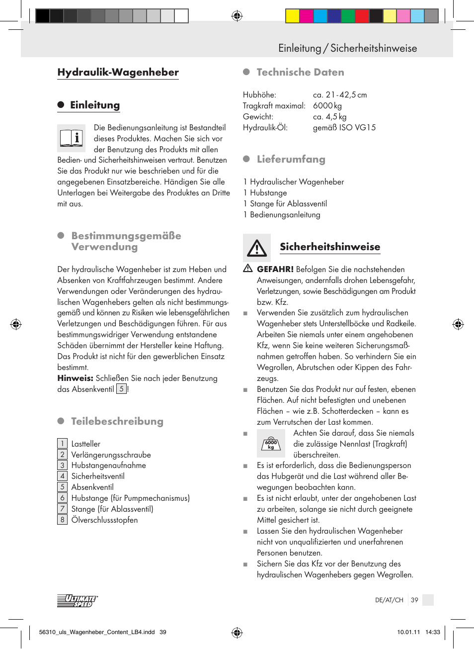 Einleitung / sicherheitshinweise, Hydraulik-wagenheber, Einleitung | Bestimmungsgemäße verwendung, Teilebeschreibung, Technische daten, Lieferumfang, Sicherheitshinweise | Ultimate Speed Z30544 User Manual | Page 37 / 41