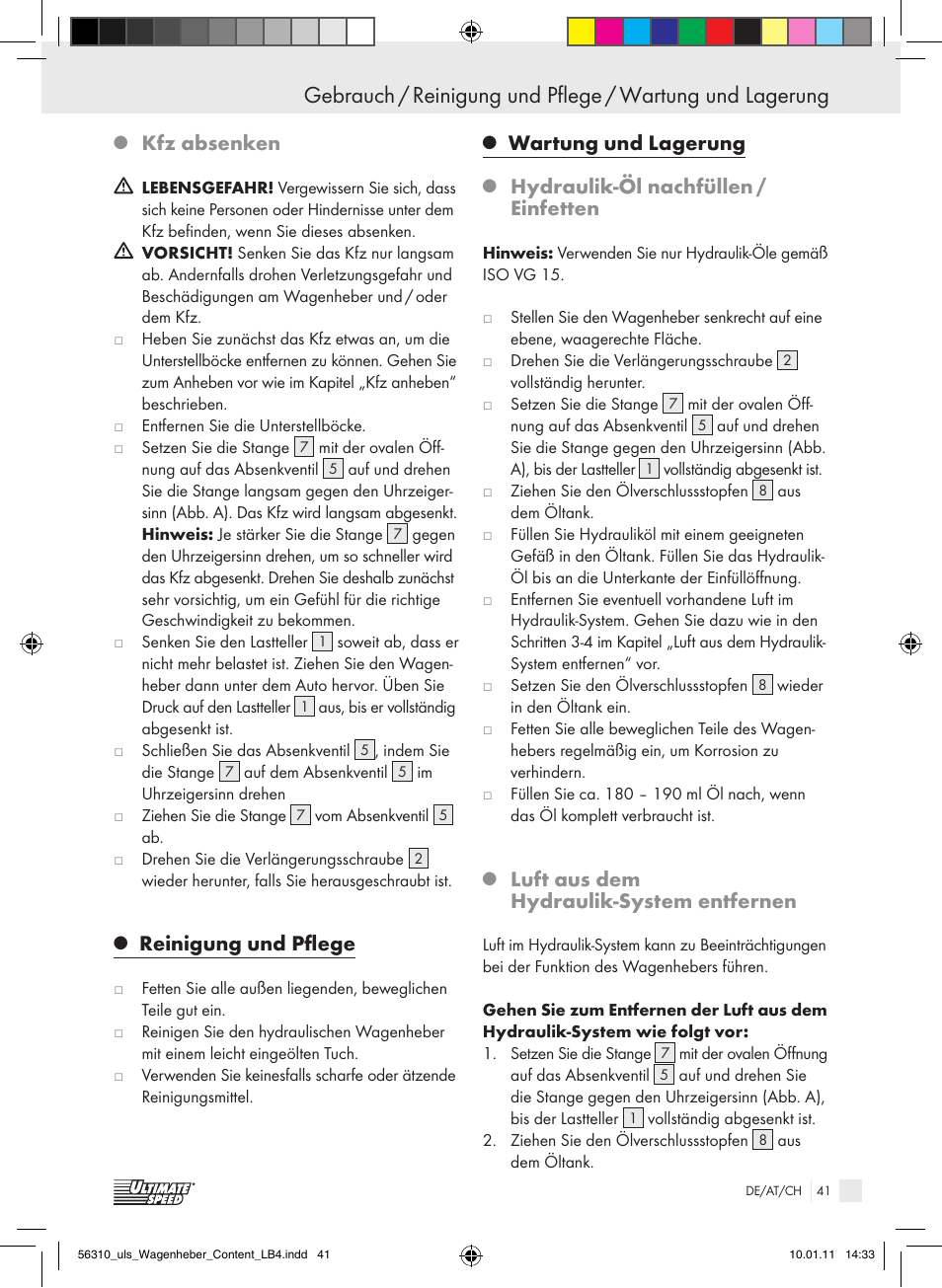 Kfz absenken, Reinigung und pflege, Wartung und lagerung | Hydraulik-öl nachfüllen / einfetten, Luft aus dem hydraulik-system entfernen | Ultimate Speed Z30544 User Manual | Page 39 / 41