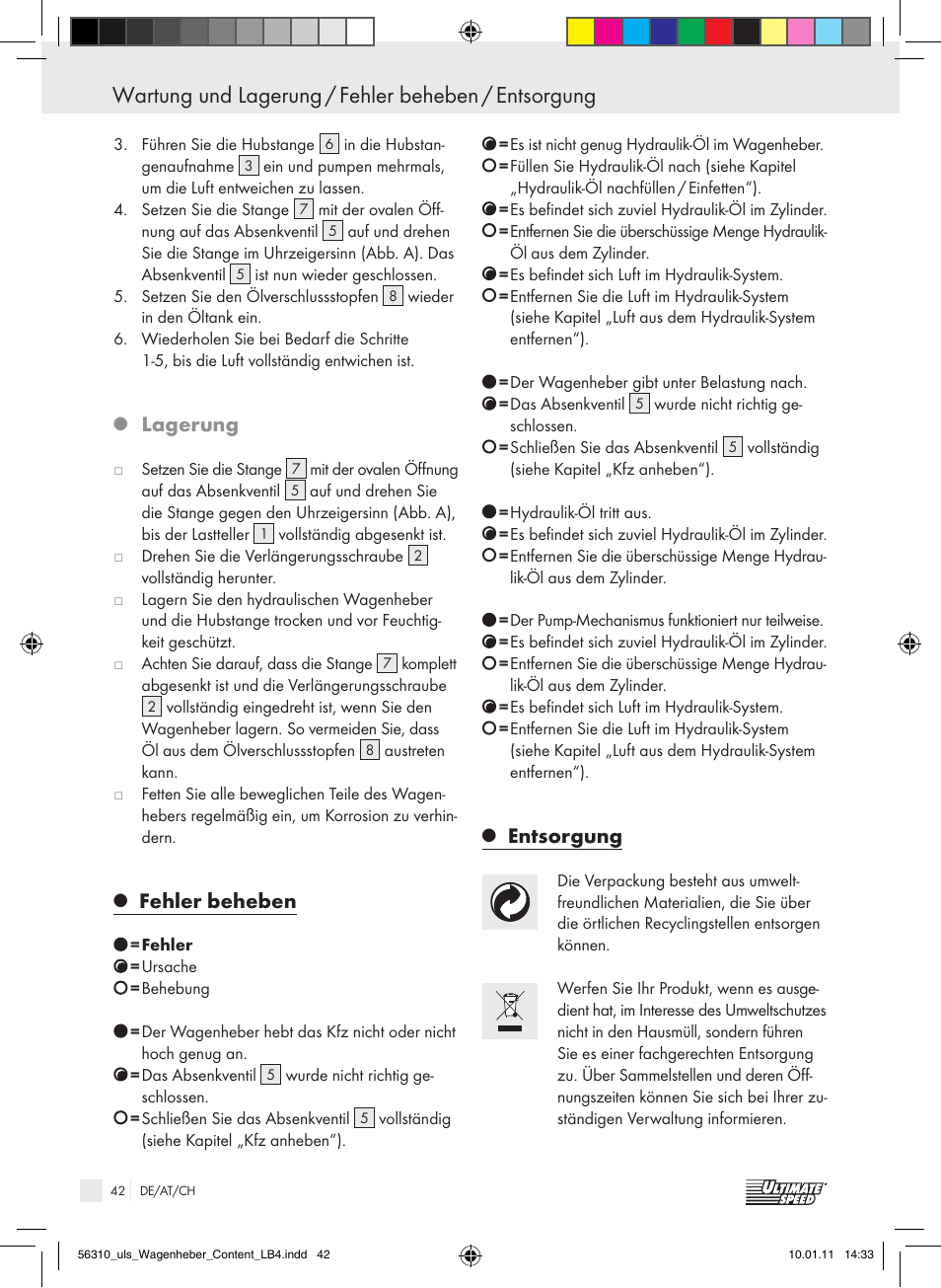 Lagerung, Fehler beheben, Entsorgung | Ultimate Speed Z30544 User Manual | Page 40 / 41