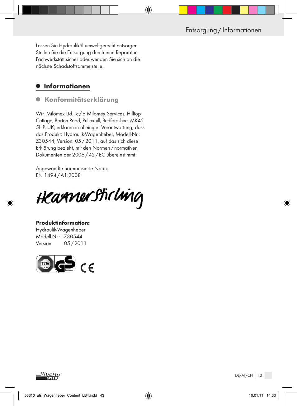Entsorgung / informationen, Informationen, Konformitätserklärung | Ultimate Speed Z30544 User Manual | Page 41 / 41