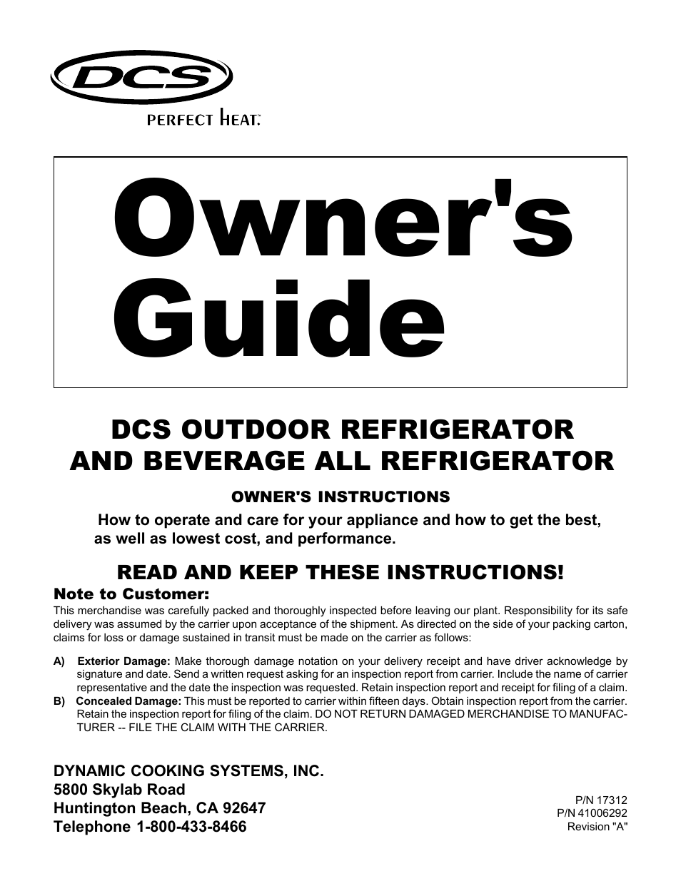 DCS OUTDOOR REFRIGERATOR AND BEVERAGE ALL REFRIGERATOR User Manual | 8 pages