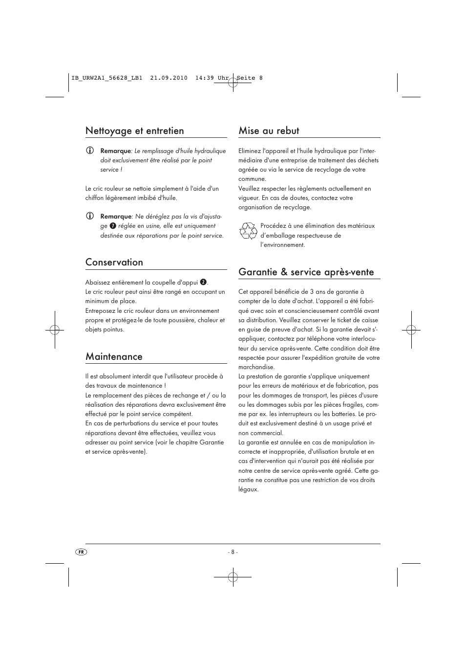 Nettoyage et entretien, Conservation, Maintenance | Mise au rebut, Garantie & service après-vente | Ultimate Speed URW 2 A1 User Manual | Page 10 / 19