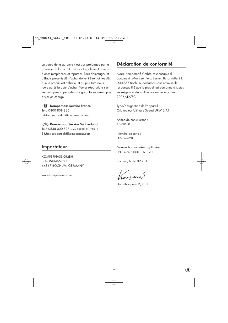 Importateur, Déclaration de conformité | Ultimate Speed URW 2 A1 User Manual | Page 11 / 19