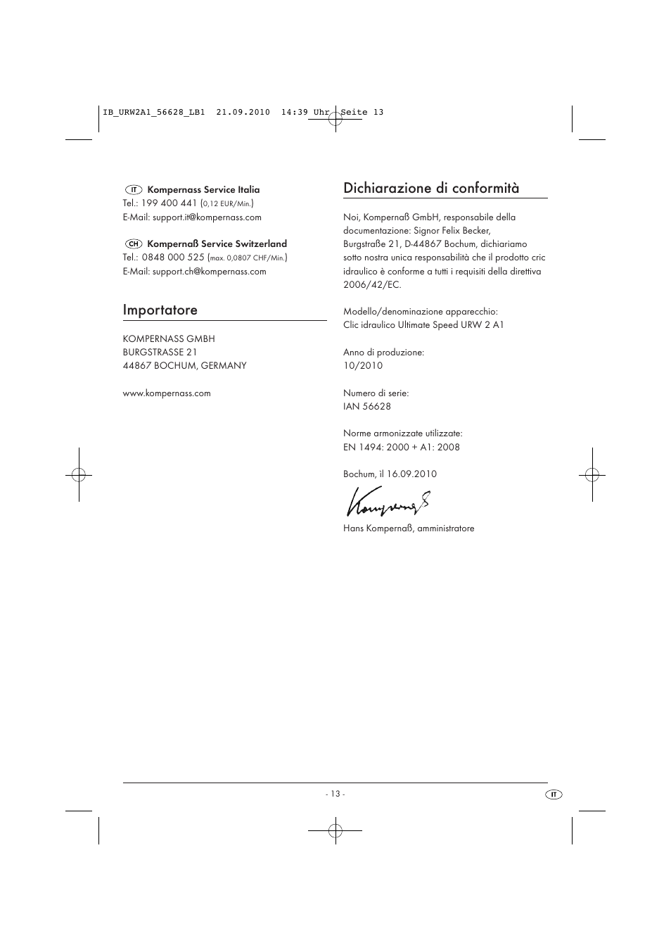 Importatore, Dichiarazione di conformità | Ultimate Speed URW 2 A1 User Manual | Page 15 / 19