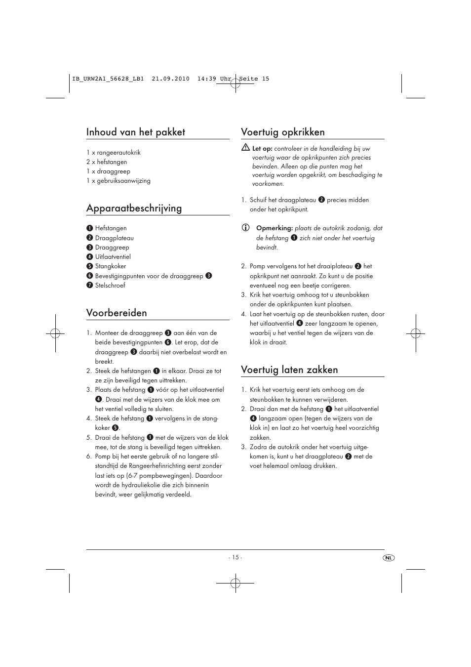 Inhoud van het pakket, Apparaatbeschrijving, Voorbereiden | Voertuig opkrikken, Voertuig laten zakken | Ultimate Speed URW 2 A1 User Manual | Page 17 / 19
