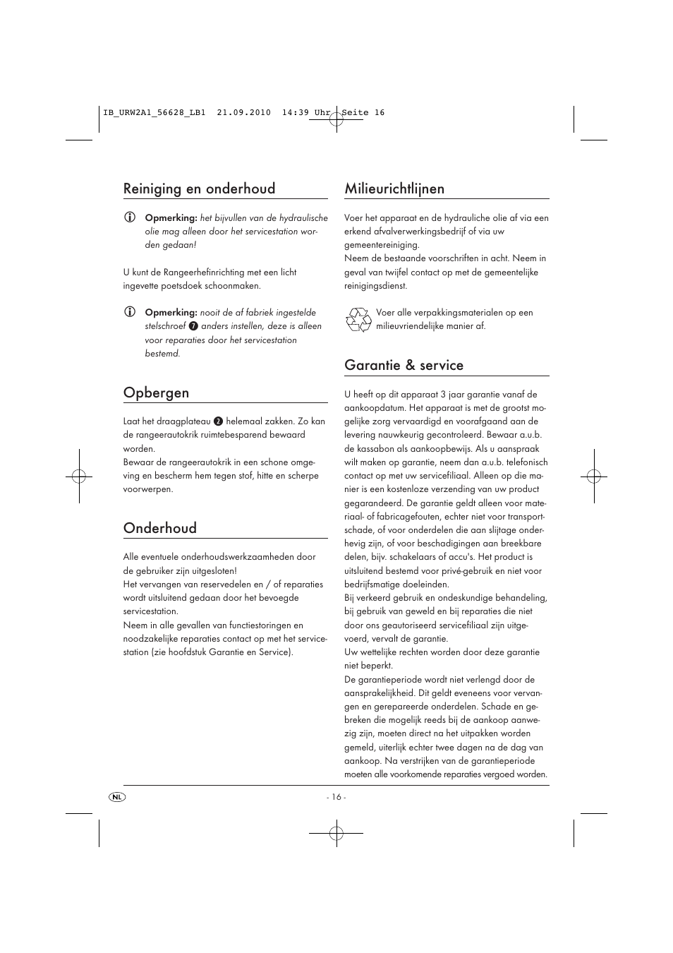 Reiniging en onderhoud, Opbergen, Onderhoud | Milieurichtlijnen, Garantie & service | Ultimate Speed URW 2 A1 User Manual | Page 18 / 19