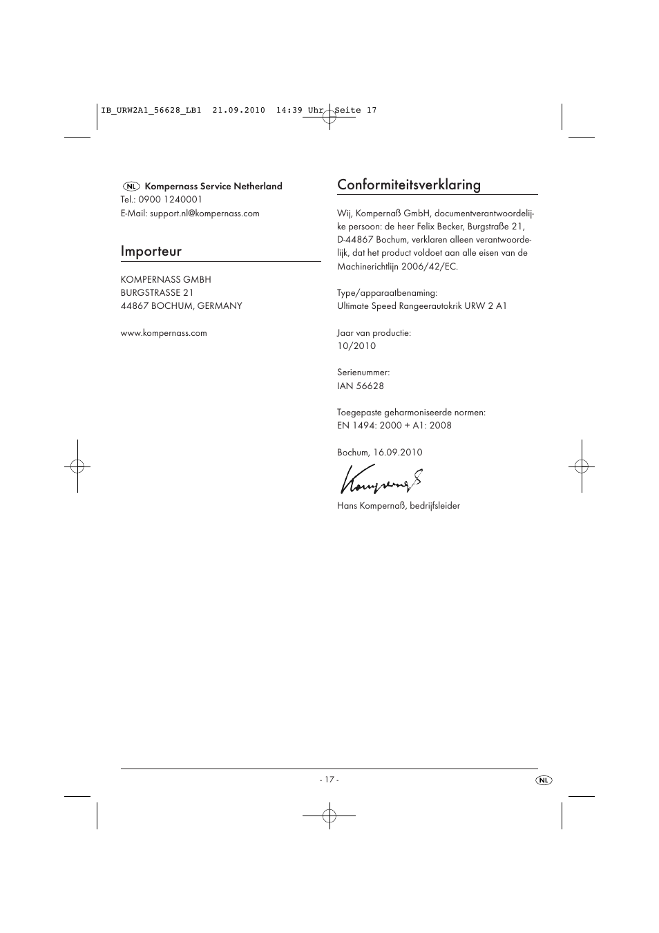 Importeur, Conformiteitsverklaring | Ultimate Speed URW 2 A1 User Manual | Page 19 / 19
