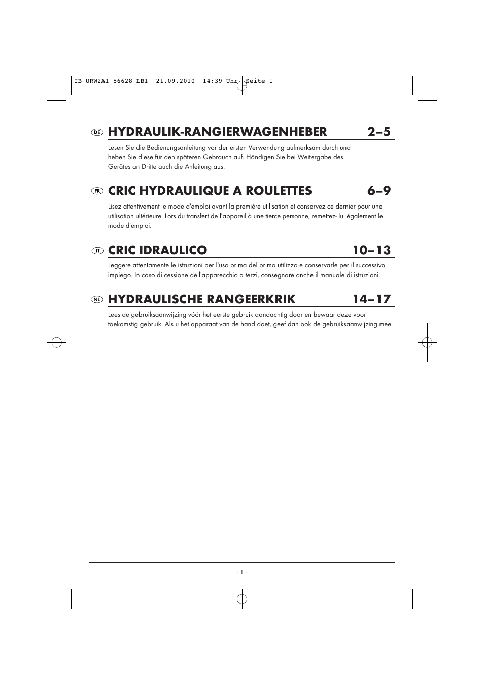 Hydraulik-rangierwagenheber 2–5, Cric hydraulique a roulettes 6–9, Cric idraulico 10–13 | Hydraulische rangeerkrik 14–17 | Ultimate Speed URW 2 A1 User Manual | Page 3 / 19