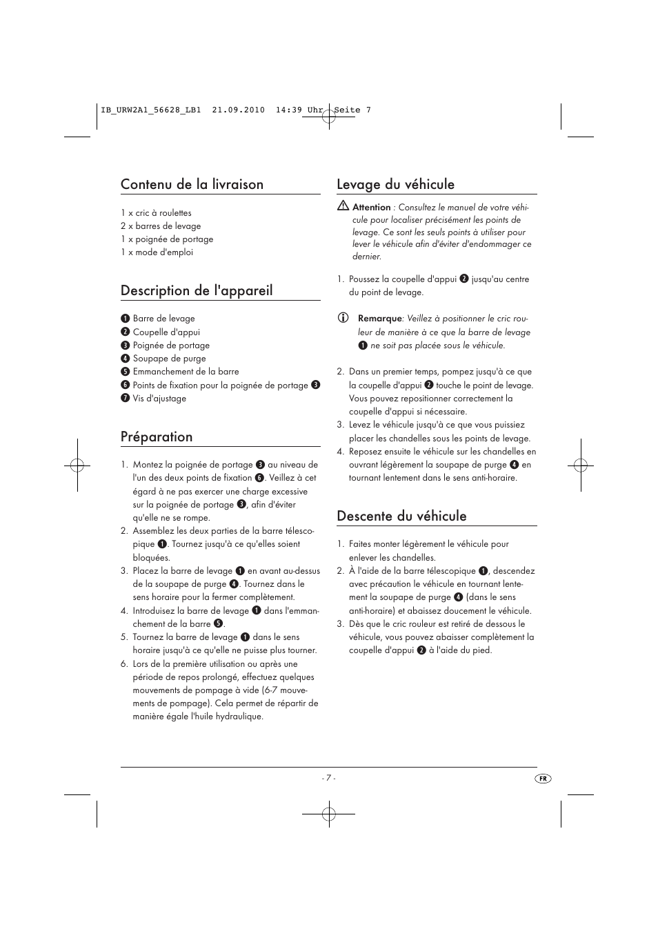 Contenu de la livraison, Description de l'appareil, Préparation | Levage du véhicule, Descente du véhicule | Ultimate Speed URW 2 A1 User Manual | Page 9 / 19