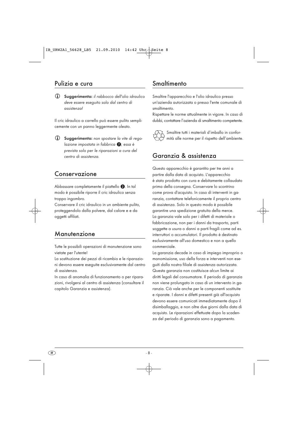 Pulizia e cura, Conservazione, Manutenzione | Smaltimento, Garanzia & assistenza | Ultimate Speed URW 2 A1 User Manual | Page 10 / 23