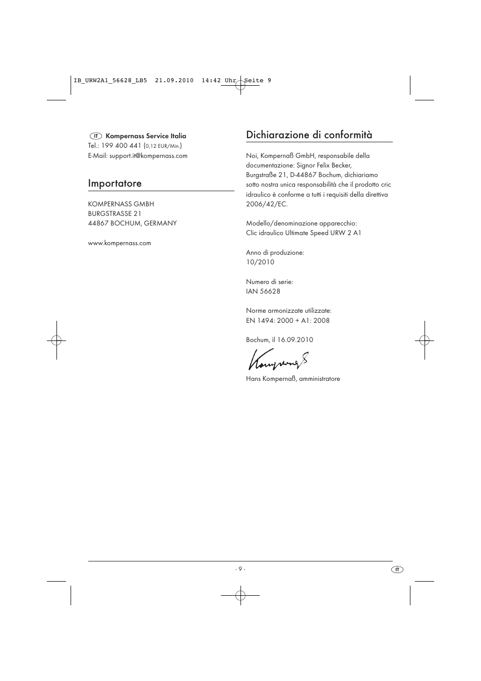 Importatore, Dichiarazione di conformità | Ultimate Speed URW 2 A1 User Manual | Page 11 / 23