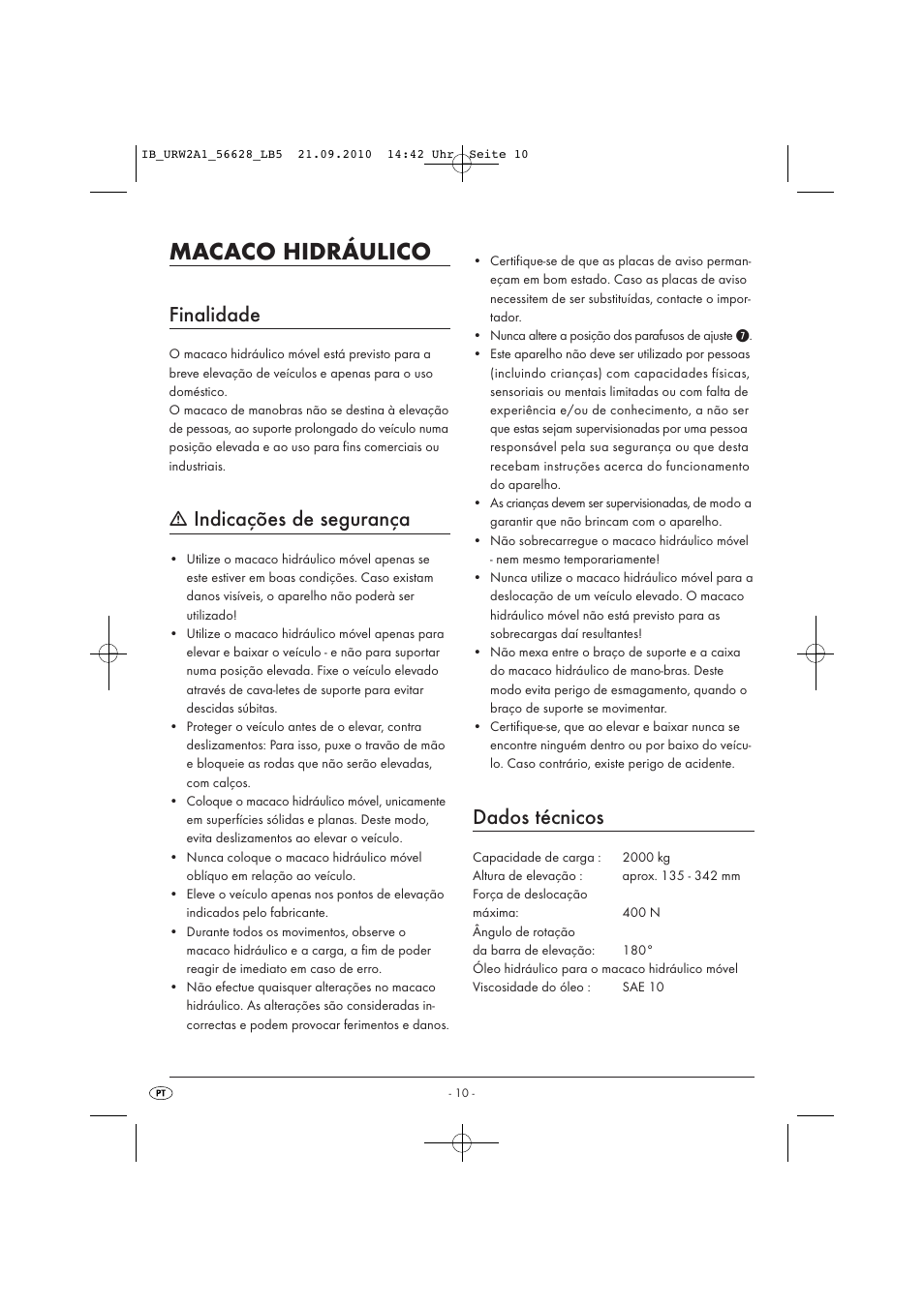 Macaco hidráulico, Finalidade, Indicações de segurança | Dados técnicos | Ultimate Speed URW 2 A1 User Manual | Page 12 / 23