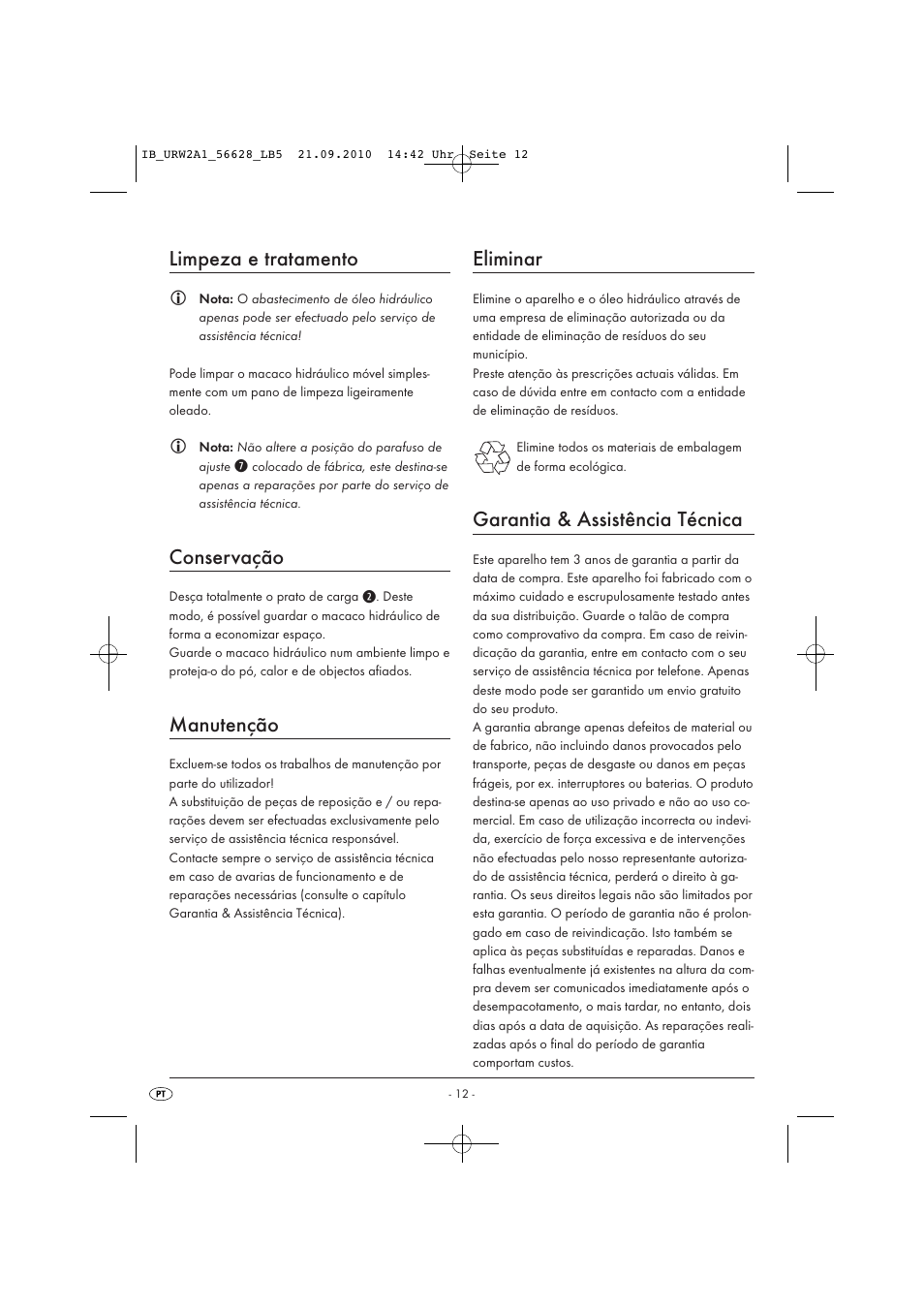 Limpeza e tratamento, Conservação, Manutenção | Eliminar, Garantia & assistência técnica | Ultimate Speed URW 2 A1 User Manual | Page 14 / 23
