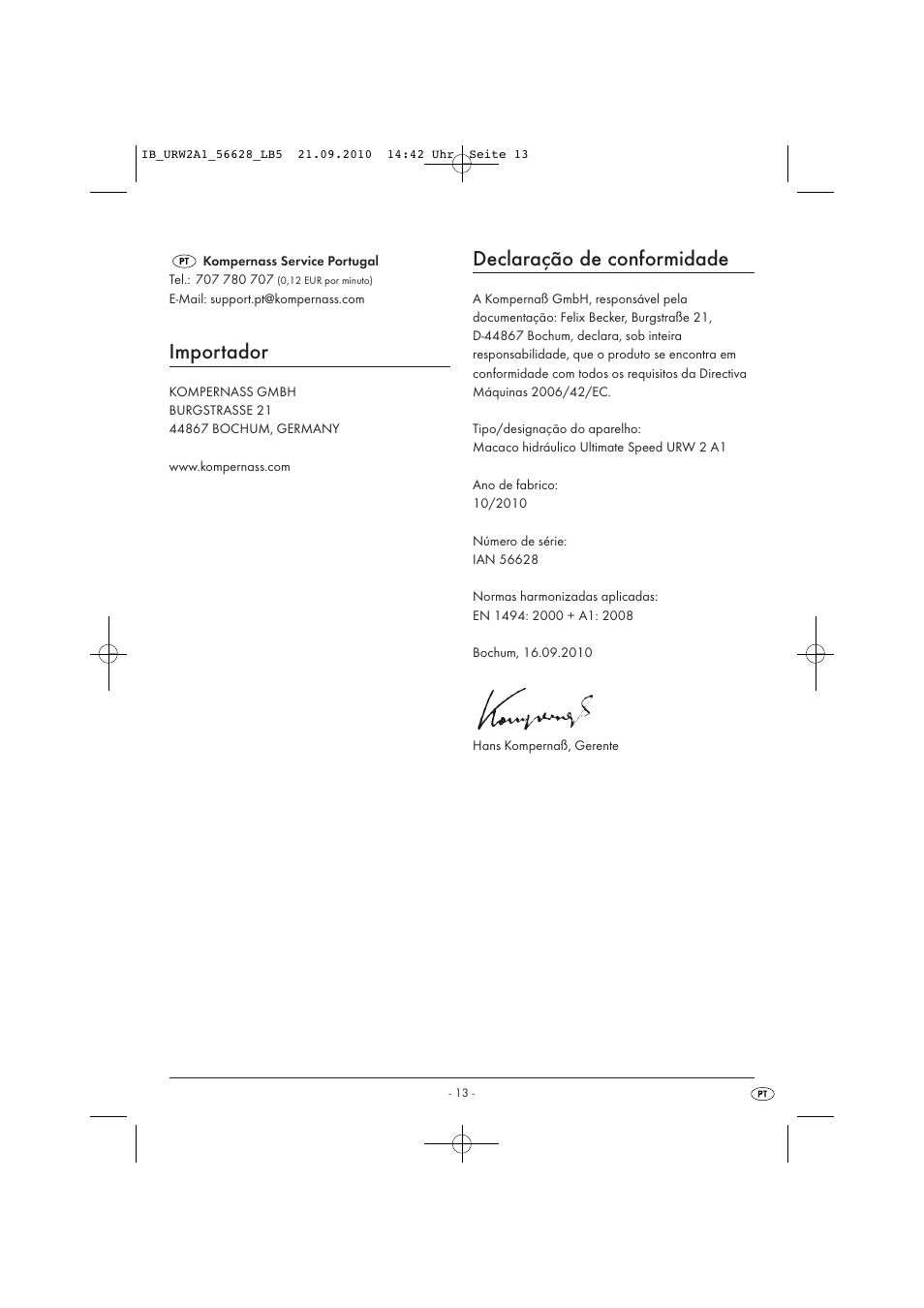 Importador, Declaração de conformidade | Ultimate Speed URW 2 A1 User Manual | Page 15 / 23