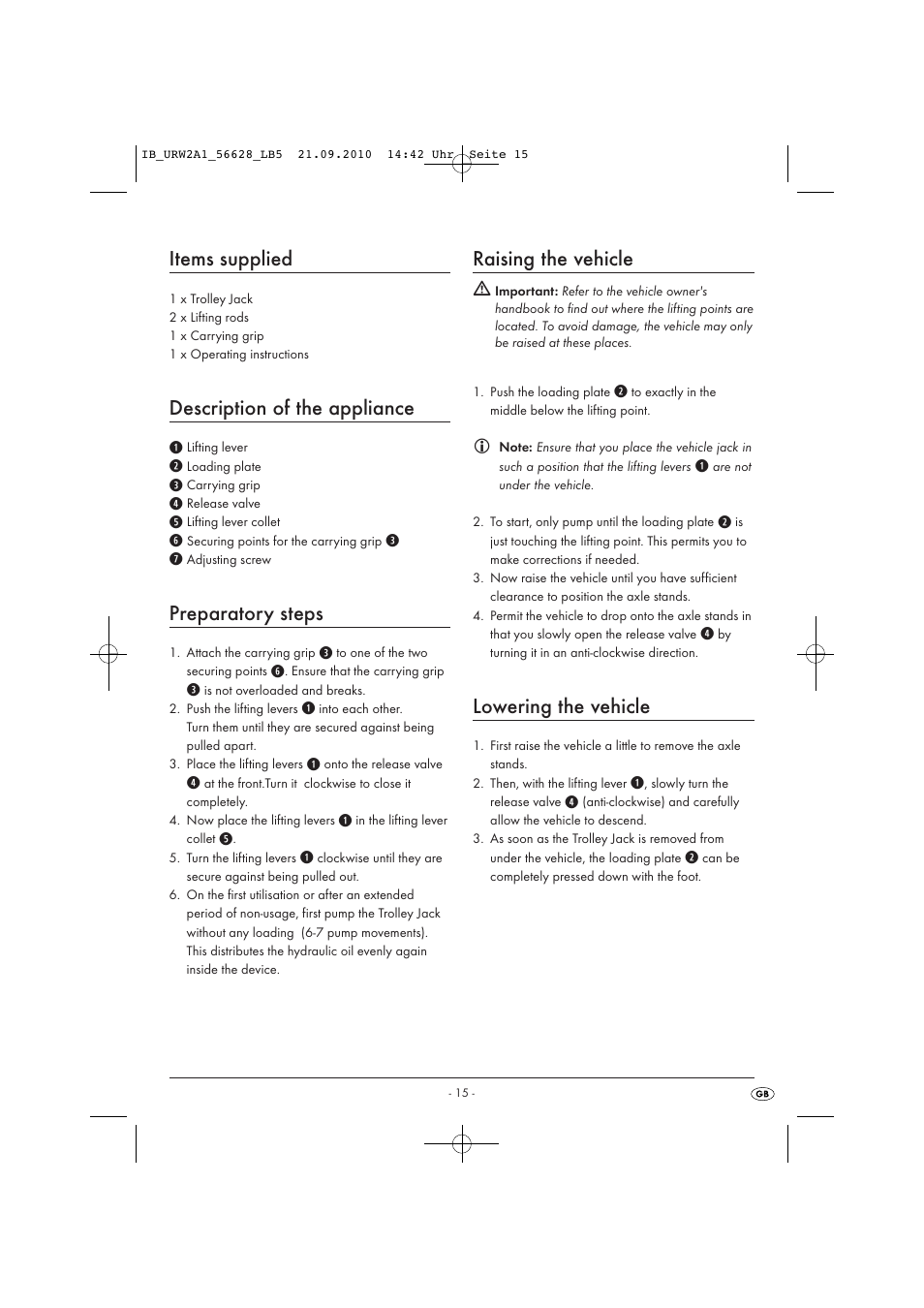 Items supplied, Description of the appliance, Preparatory steps | Raising the vehicle, Lowering the vehicle | Ultimate Speed URW 2 A1 User Manual | Page 17 / 23