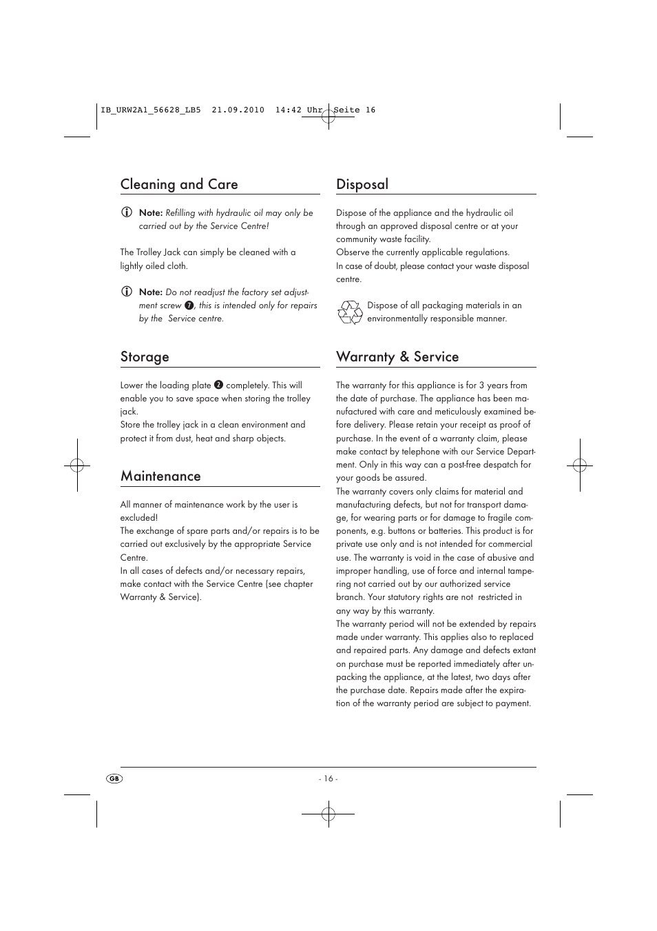 Cleaning and care, Storage, Maintenance | Disposal, Warranty & service | Ultimate Speed URW 2 A1 User Manual | Page 18 / 23