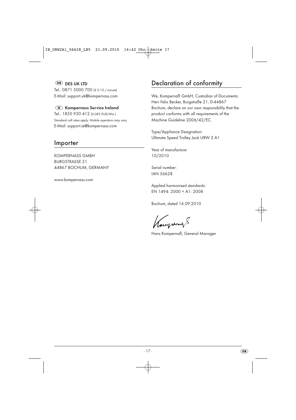 Importer, Declaration of conformity | Ultimate Speed URW 2 A1 User Manual | Page 19 / 23