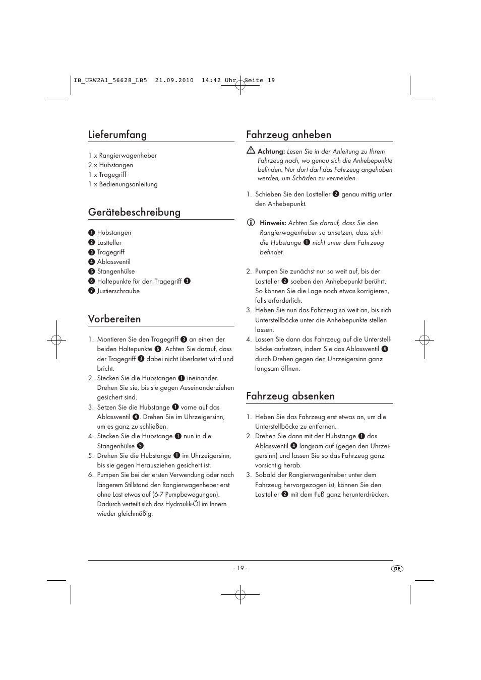 Lieferumfang, Gerätebeschreibung, Vorbereiten | Fahrzeug anheben, Fahrzeug absenken | Ultimate Speed URW 2 A1 User Manual | Page 21 / 23