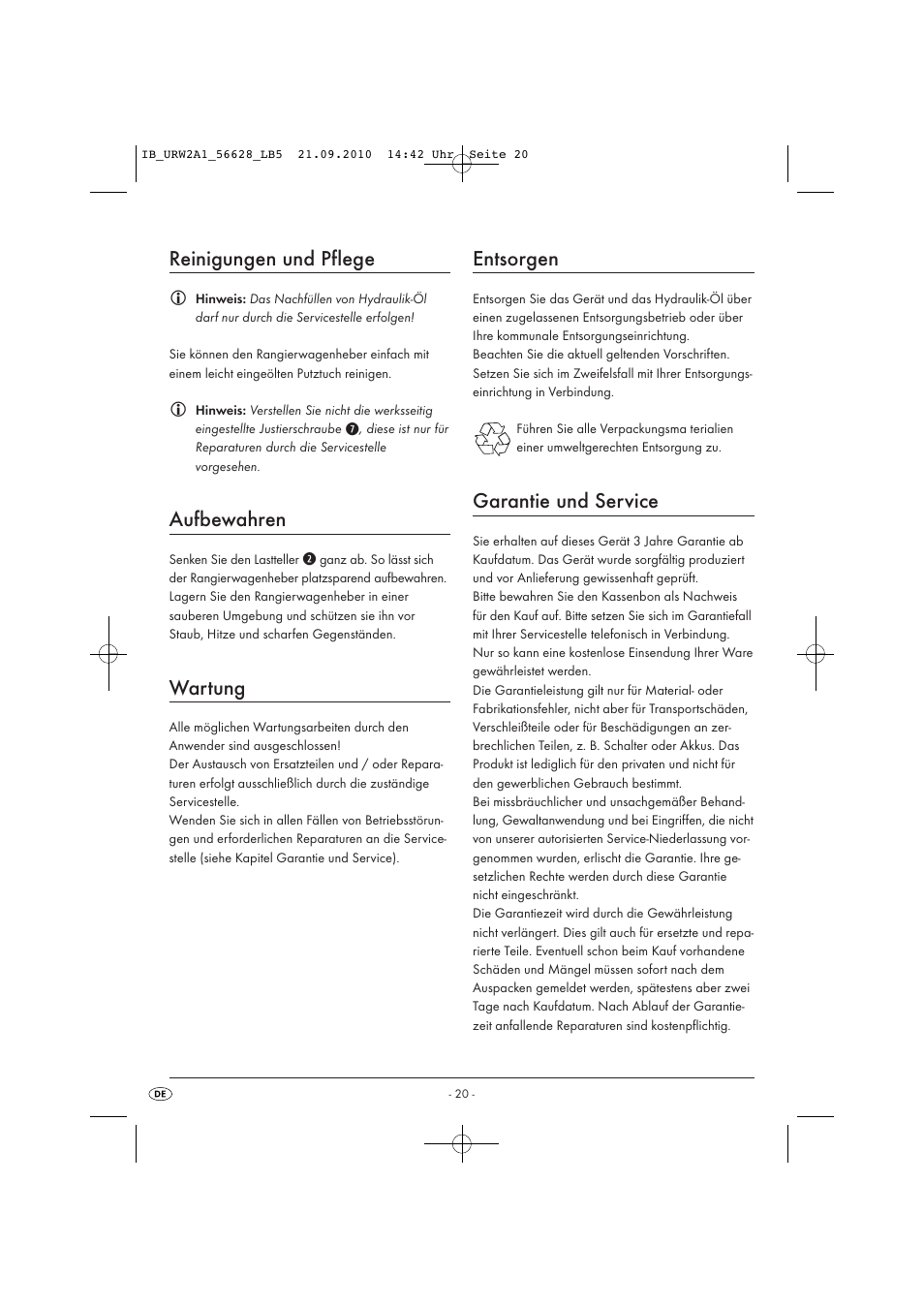 Reinigungen und pflege, Aufbewahren, Wartung | Entsorgen, Garantie und service | Ultimate Speed URW 2 A1 User Manual | Page 22 / 23