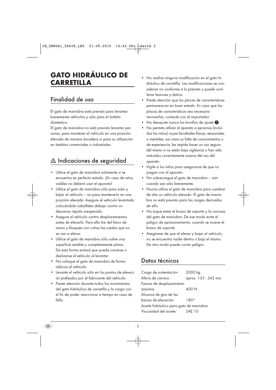 Gato hidráulico de carretilla, Finalidad de uso, Indicaciones de seguridad | Datos técnicos | Ultimate Speed URW 2 A1 User Manual | Page 4 / 23