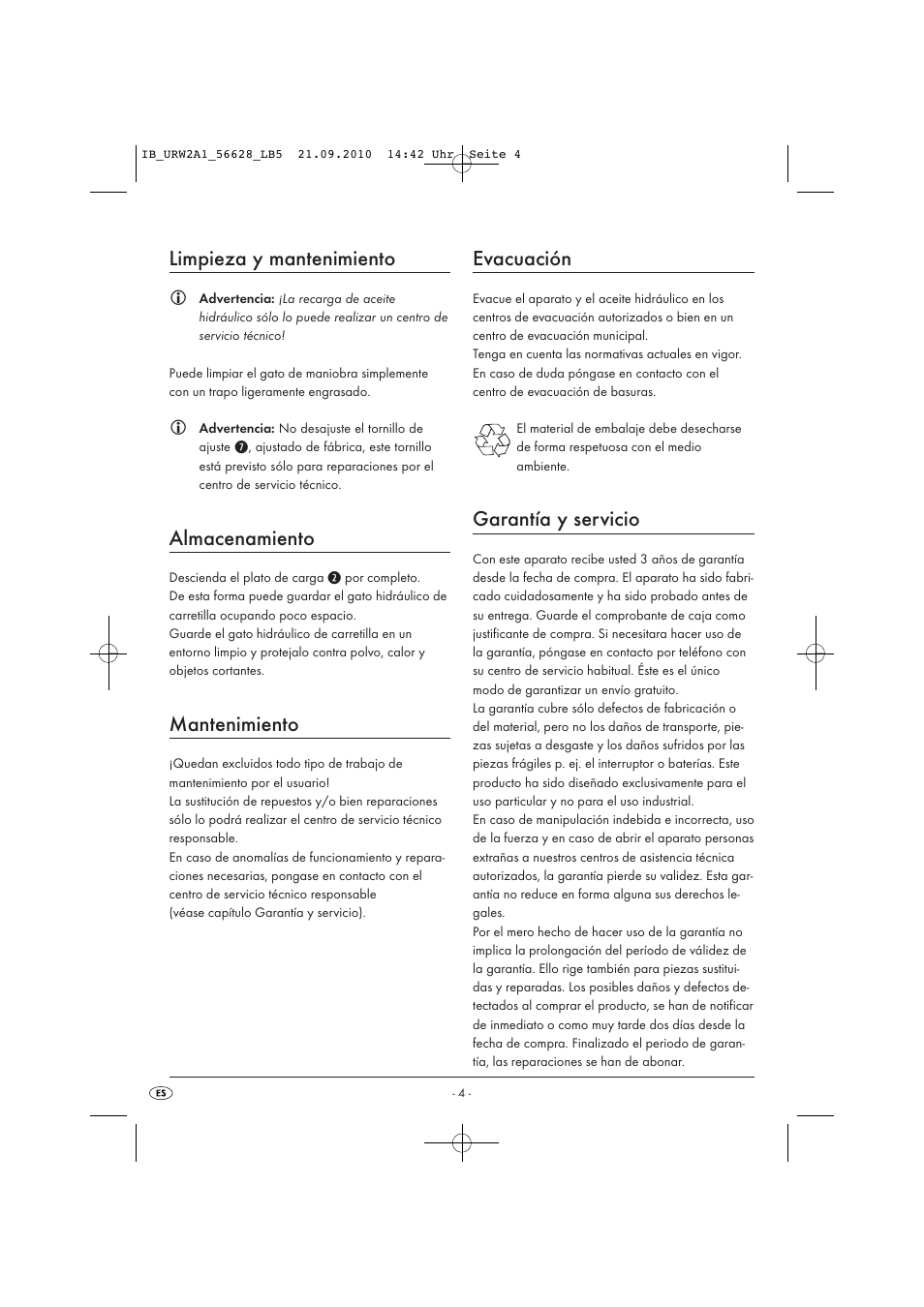 Limpieza y mantenimiento, Almacenamiento, Mantenimiento | Evacuación, Garantía y servicio | Ultimate Speed URW 2 A1 User Manual | Page 6 / 23