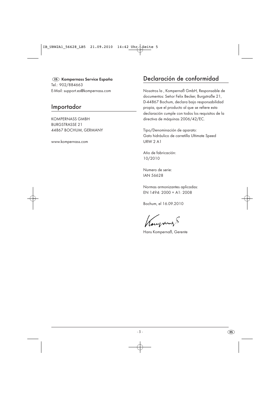 Importador, Declaración de conformidad | Ultimate Speed URW 2 A1 User Manual | Page 7 / 23