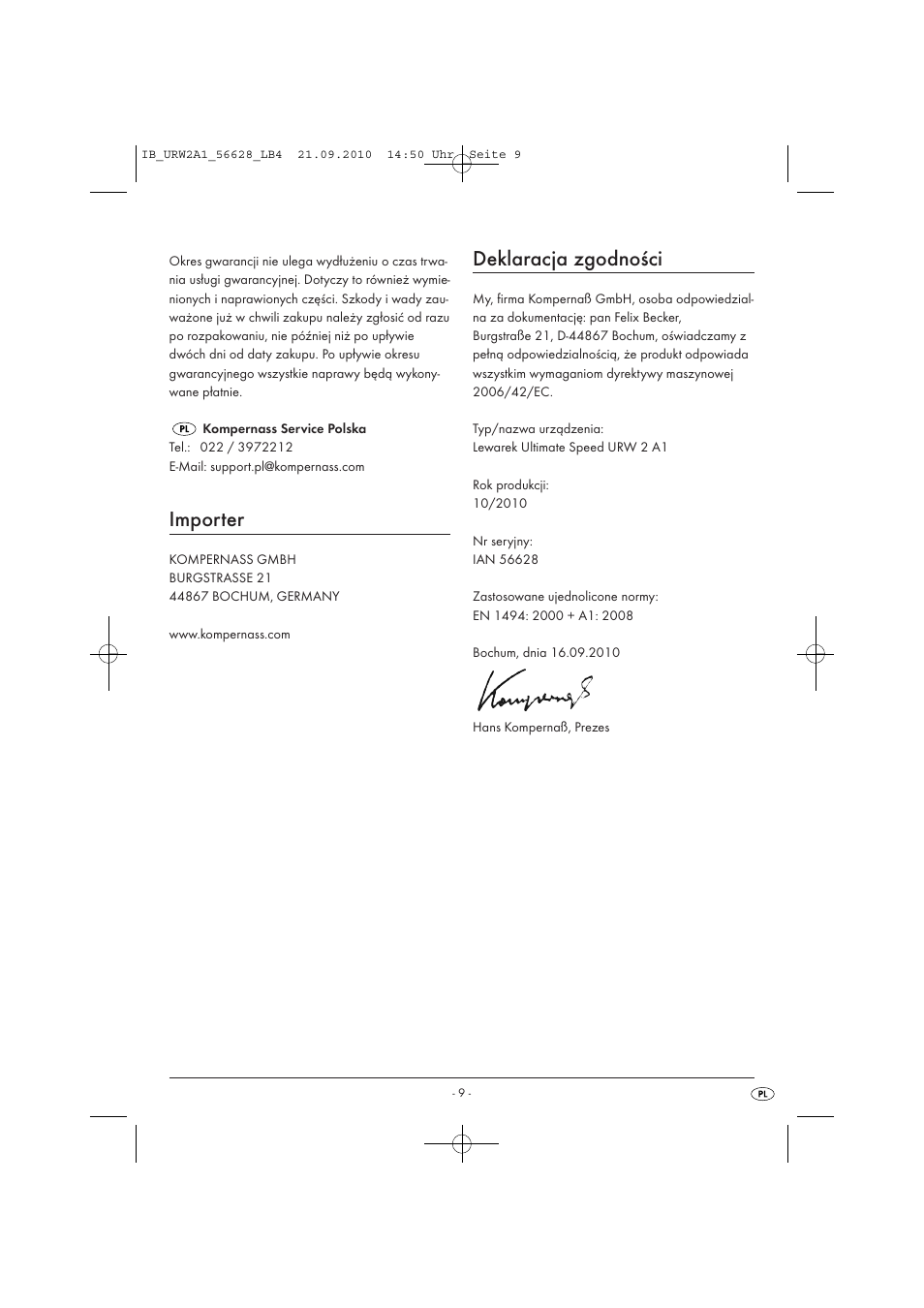 Importer, Deklaracja zgodności | Ultimate Speed URW 2 A1 User Manual | Page 11 / 31